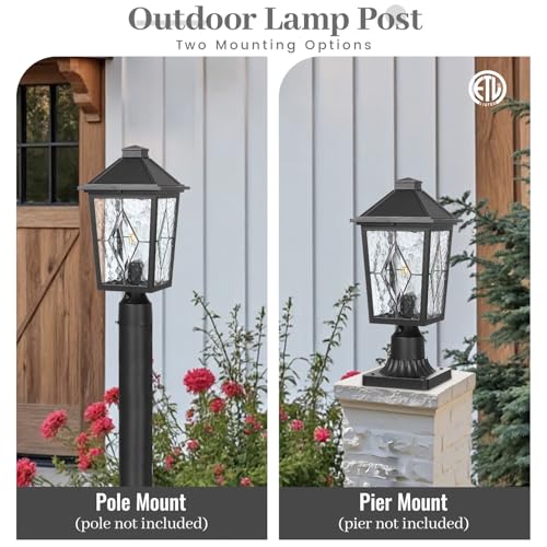 Dusk to Dawn Lamp Posts Outdoor Lighting Waterproof Outdoor Post Lights Hard Wired with Hand‑soldered Glass 14 Inch Height Black Pole Light for Garden Yard Patio Pathway E26 Socket