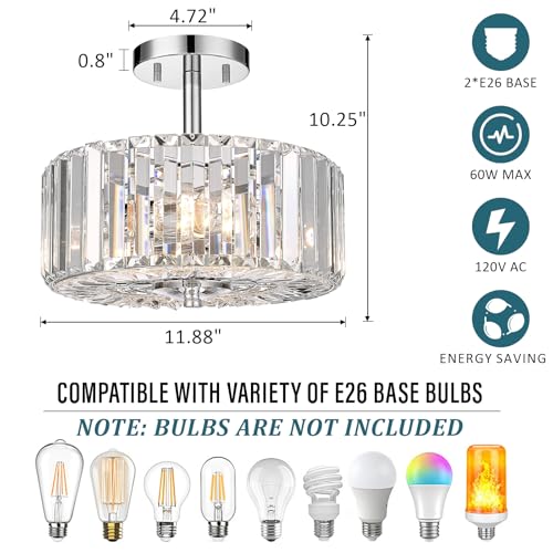 11.88-Inch 2-Light Chrome Semi-Flush Mount Crystal Chandelier