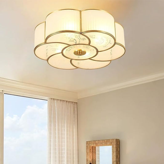 Brass Flush Mount Ceiling Light, Vintage Frosted Glass Ceiling Lighting Fixture, 4 Lights Classic Ceiling Lamp for Bedroom Nursery Foyer (Flower, 13.7")