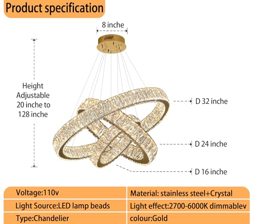 Modern Led Gold Ring Chandelier Luxury 3 Ring Crystal Chandelier Led Dimmable Light for Dining Room Height Adjustable Led Pendant Light 32''+24''+16''