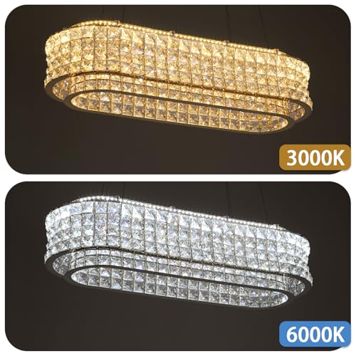 L32 x W12 Modern Chandeliers for Dining Room LED Dimmable Pendant Lighting Ceiling Chandelier Crystal Rectangle Light Fixtures Silver