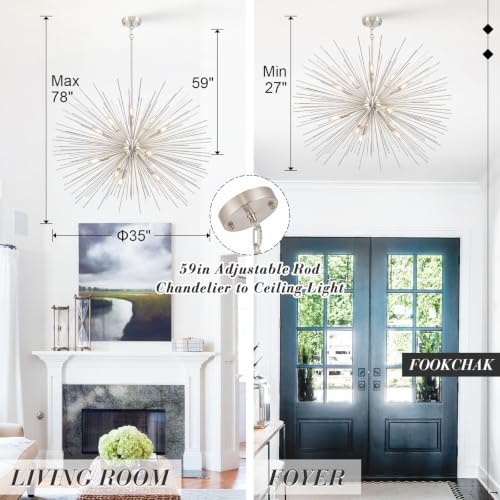 35in Nickel Sputnik Chandelier 12 Light Starburst Light Fixture Solid Metal