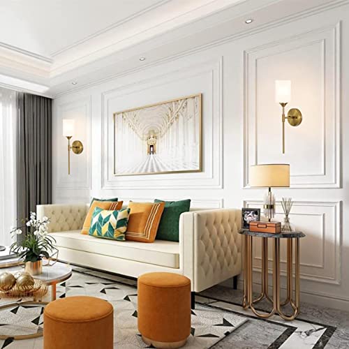 Gold Wall Sconce Set of 2 with White Cylinder Glass Shades Modern Mid Century Bathroom Vanity Wall Light Fixtures Industrial Brushed Brass Wall Lamp for Bedroom Mirror Living Room Restaurant (2 Count)