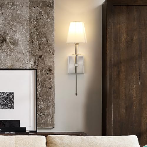 Set of 2 Classic Rustic Industrial Wall Sconce Lighting Fixture with Flared White Textile Lamp Shade and Brushed Tapered Column Stand (2 Count)