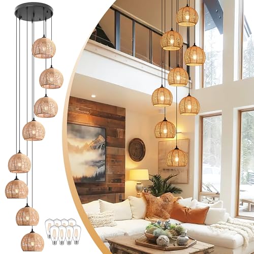 8 Light Woven Foyer Chandeliers for High Ceiling H100"