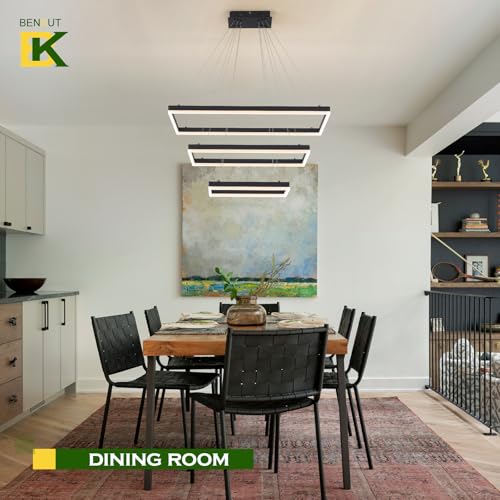 3 Rings Modern LED Chandelier Black 31.5inch Rectangle Dimmable LED Pendant Light with Remote Control 3 Tier Flush Mount High Ceiling Light for Dining Living Room Foyer