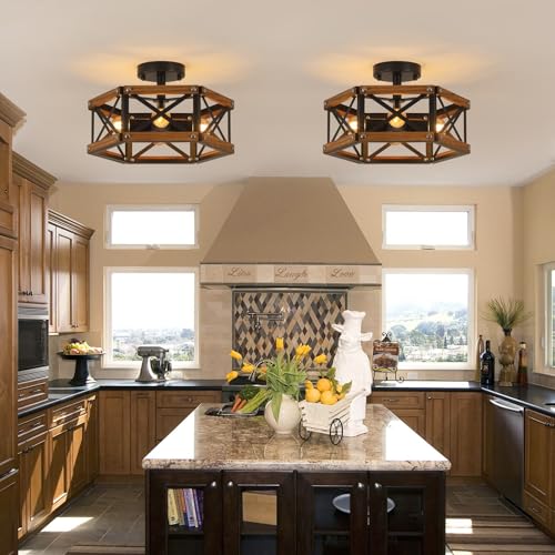 4 Light Rustic Farmhouse Wood Flush Mount Ceiling Light Fixture 14.5 inch Oak Wood and Metal Hexagon Cage Semi Flush Mount Ceiling Light for Hallway Entry Bedroom Kitchen Farmhouse Cabin
