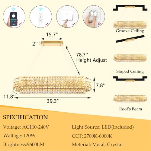 L40 x W12 Modern Chandeliers for Dining Room LED Dimmable Pendant Lighting Ceiling Chandelier Crystal Rectangle Light Fixtures Gold