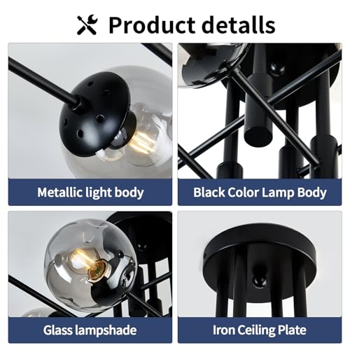 8 Light Sputnik Chandelier with Glass Globe Mid Century Modern Black Ceiling Light Fixture Large Flush Mount Chandelier for Dining Room Bedroom Living Room Kitchen