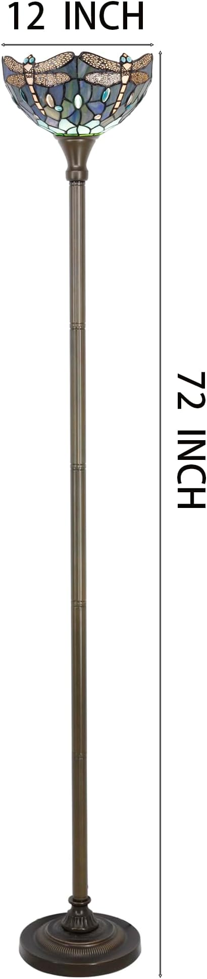 Tiffany Torchiere Floor Lamp Stained Glass Blue Dragonfly Style Standing Corner Torch Uplight 12X12X72 Inch for Bedroom Living Room Home Office