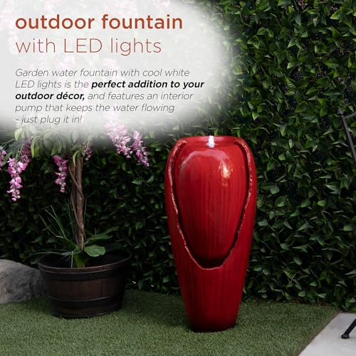 DIG100XS-RD | 33"H Outdoor Vintage Cascading Antique Jar Water Fountain with LED Lights — Garden, Patio & Yard Décor — Red Finish