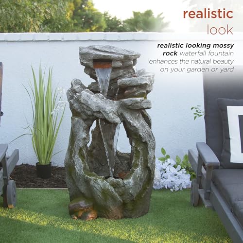 41" Tall Outdoor Cascading Rainforest Rock Waterfall Floor Fountain with LED for Gardens