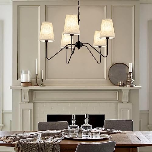 5 Arm Black Chandelier for Dining Room with Linen Fabric Shade