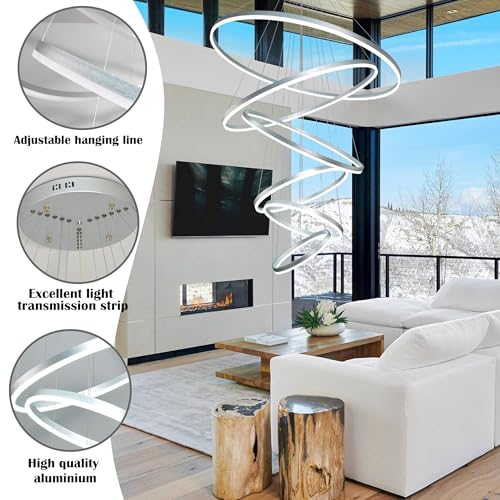 6 Rings Pendant Lights 47.2'' Modern Height Adjustable Chandeliers Sliver Led Chandelier Dimmable Sliver Chandelier Led Pendant Light for Dining Room Bedroom Living Room