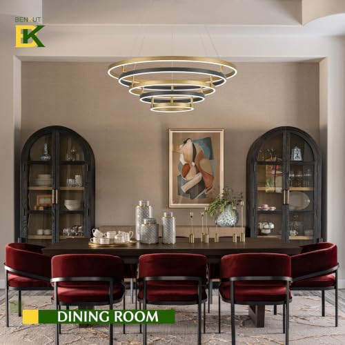 5 Rings LED Chandelier Black Gold Dimmable Circular Pendant Light for Dining Room