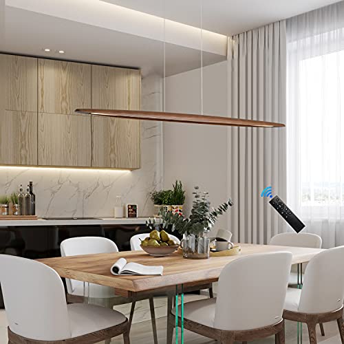 39" Wood Linear Pendant Light LED Dimmable Hanging Light Dinning Room Light Fixture Island Lights 24w for Dining Room Kitchen Island Bar Walnut Color