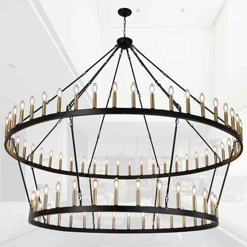 Rustic Farmhouse Wagon Wheel Chandelier Black+Brushed Brass Large Chandeliers for High Ceilings 2 Tier 80Lights 78.7 Inch for Dining Room Living Room Foyer Porch Kitchen Island