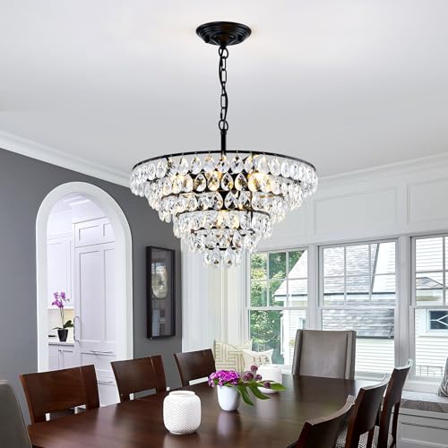 Modern Crystal Chandelier 7 Light 20" Raindrop Black Ceiling Chandelier Adjustable Hanging Light Fixture for Dining Room Foyer Entryway Staircase Living Room
