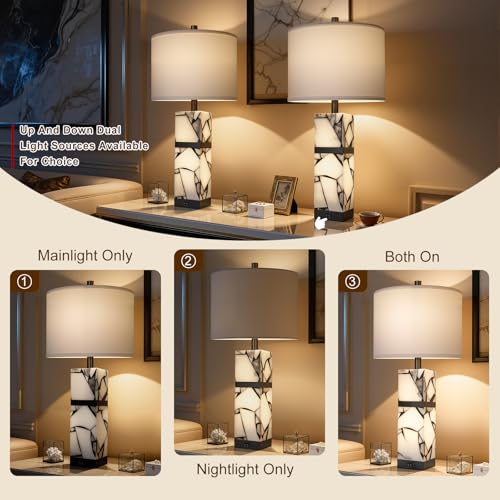 27" Alabaster Table Lamp Set of 2 with Night Light for Living Room (2 Count)