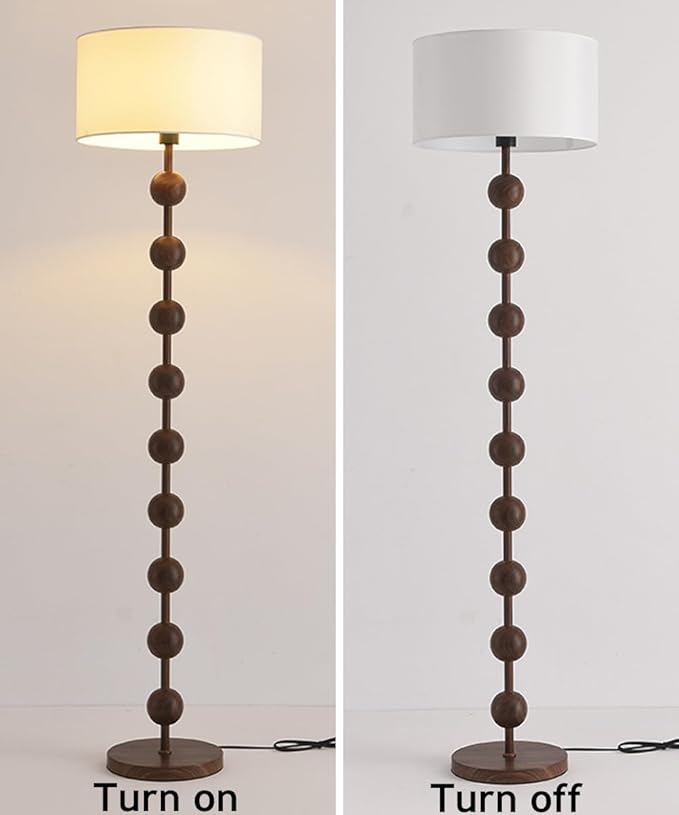 Wabi-sabi 63" Round Fabric Floor Lamp Walnut Iron Floor Light Cloth Standing Lamp with E26 Dimmable Spherical Body Tall Light for Living Room Bedroom Study Office