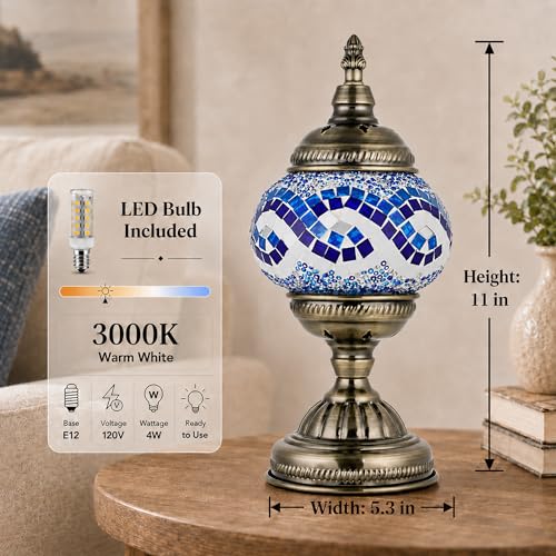 Turkish Moroccan Table Lamp Lantern with Handmade Mosaic Glass Lampshade Tiffany Style Bohemian Stained Glass Decorative Desk Lamps Bedside Night Lights for Bedroom