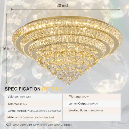 30" Gold Crystal Flush Mount Chandelier Modern LED Ceiling Light Fixture