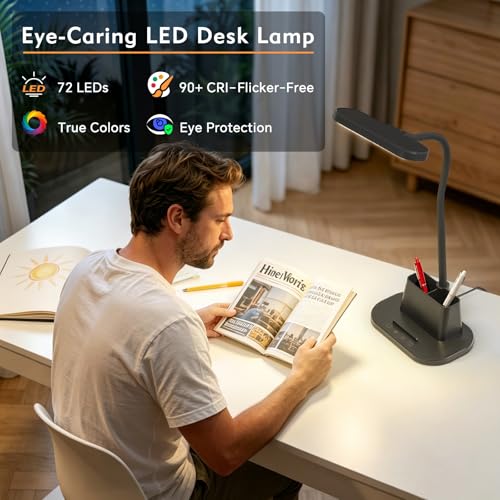 LED Desk Lamp for Dorm Small Desk Lamp with Pen Holder 5 Color Modes Black (Black)