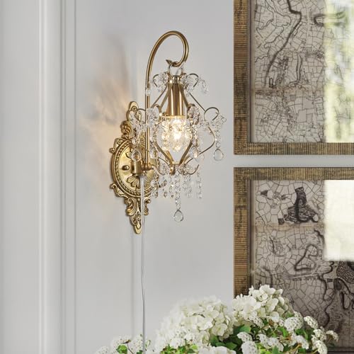 Plug in Cord Gold Crystal Vintage Indoor Wall Sconces Light Set of 2 (2 Count)
