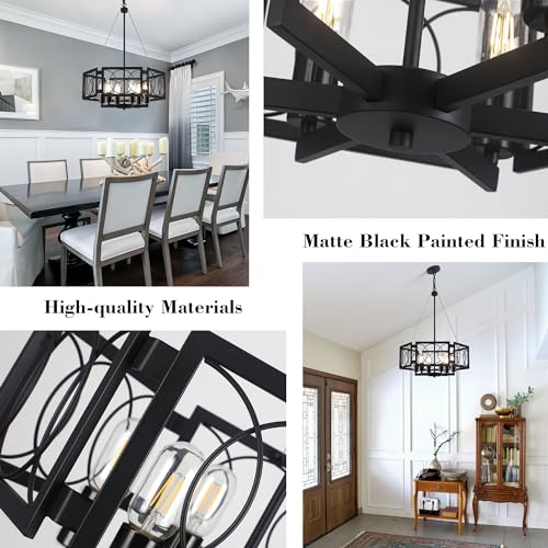 22.83'' Black Farmhouse Chandelier for Dining Room, Large Modern Industrial Geometric Pendant Lighting Fixture Adjustable Hanging Lights for Kitchen Island Foyer Hallway