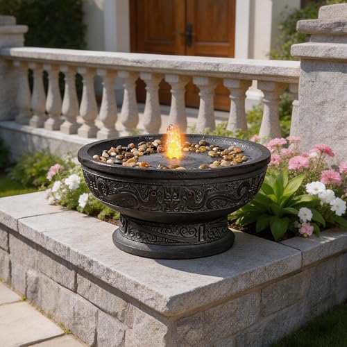 Outdoor Water Fountain with Led Light Decorative Pedestal Bowl Design with River Stones Home Decoration