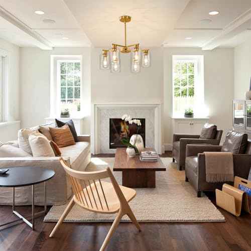 6-Light Modern Gold Chandelier Farmhouse Dining Room Light Fixture with Clear Glass Shade Hanging Ceiling Pendant Lighting for Kitchen Island Living Room Hallway