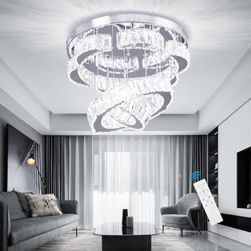 15.7" 2 Ring Flower Crystal Flush Mount Ceiling Light Dimmable remote