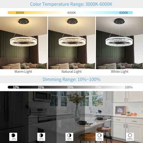 Modern LED Chandelier 1 Ring 19.7in Pendant Lighting for Kitchen Island 50W Dimmable LED Pendant Ceiling Light Black Hanging Light Fixtures with Remote for Kitchen Dining Room Bedroom Living Room