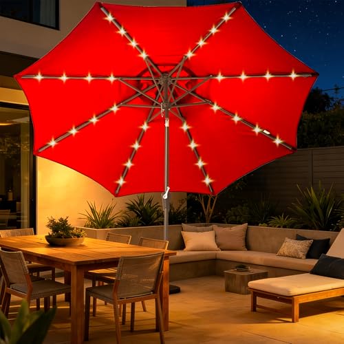 9 ft Patio Umbrella with lights Outdoor Table Umbrella for pool red