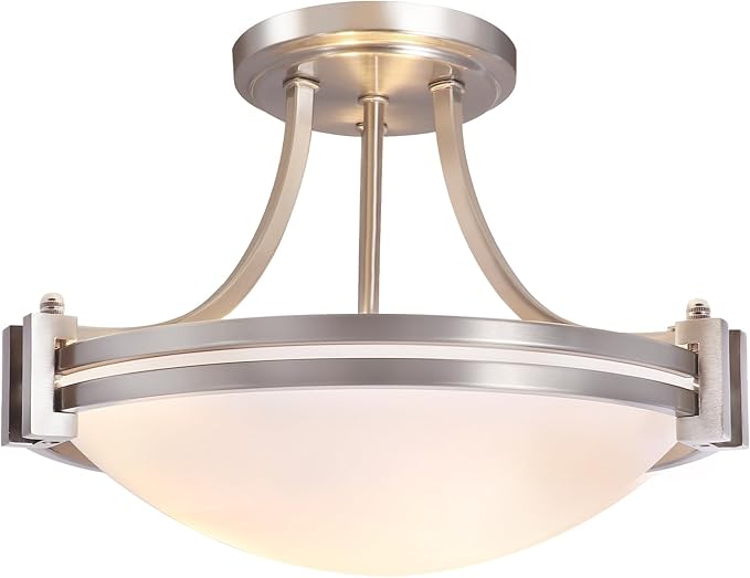 Bektas Semi Flush Mount Ceiling Light Fixture,12inch Brushed Nickel Flush Mount Ceiling Light with Milk Glass for Bedroom,Kitchen,Bathroom,Hallway,Foyer,Dinning Room(2-Lights)