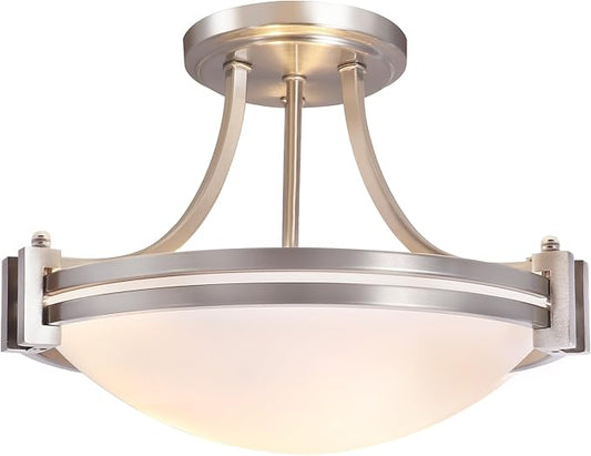Bektas Semi Flush Mount Ceiling Light Fixture,12inch Brushed Nickel Flush Mount Ceiling Light with Milk Glass for Bedroom,Kitchen,Bathroom,Hallway,Foyer,Dinning Room(2-Lights)