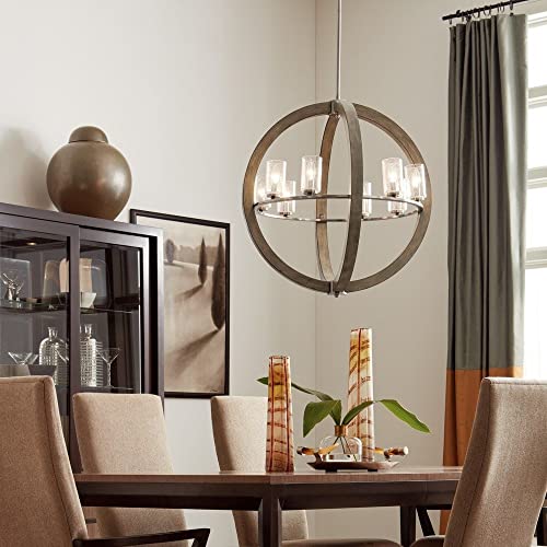 Grand Bank 30" 8 Light Chandelier with Clear Seeded Glass in Auburn Stained Wood and Distressed Black Metal
