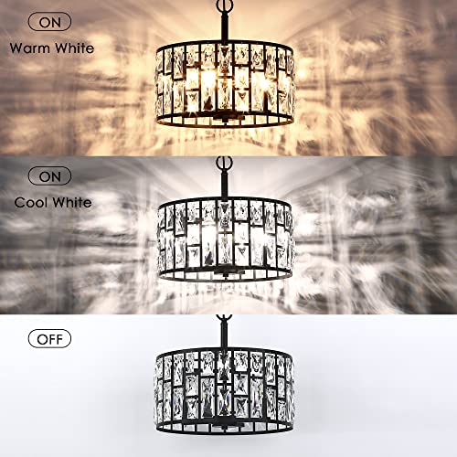 Farmhouse Crystal Convertible Chandelier and Semi Flush Mount Lighting Black Cylinder Drum Shade Pendant for Kitchen Island Dining Room Bedroom Hallway