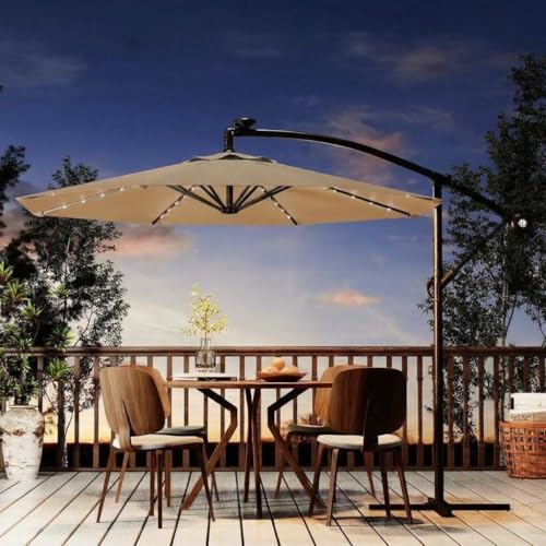 10FT Solar Lights Offset Patio Umbrella with Cross Base