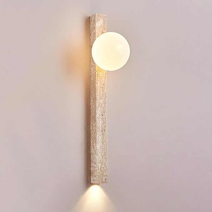 Modern Yellow Travertine Wall Sconce, Japanese Style Wabi Sabi Light Fixture with Natural Stone Base & Glass Lampshade, Interior Decoration Wall Lamp for Bedroom Living Room Hallway(90cm)
