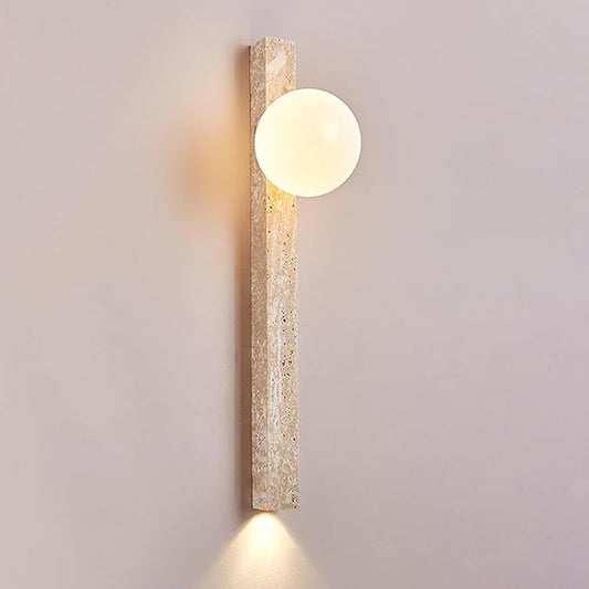 Modern Yellow Travertine Wall Sconce, Japanese Style Wabi Sabi Light Fixture with Natural Stone Base & Glass Lampshade, Interior Decoration Wall Lamp for Bedroom Living Room Hallway(90cm)
