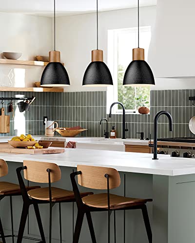 3 Pack Hammered Pendant Lights for Kitchen Island 7” Small Metal Solid Wood Hanging Light Fixtures Adjustable Height Farmhouse Pendant Lighting for Dining Room Bedroom Bar Office (3 Count)