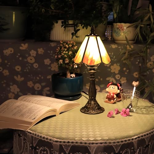 Small Tiffany Style Table Lamp Amber Green Stained Glass Lamp 14 Inch