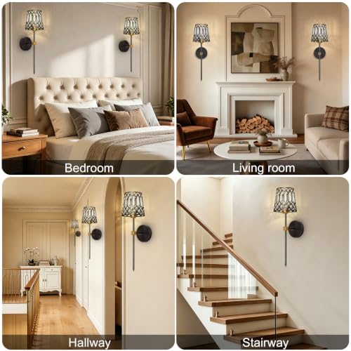 Black and Gold Battery Operated Wall Sconces Set of 2