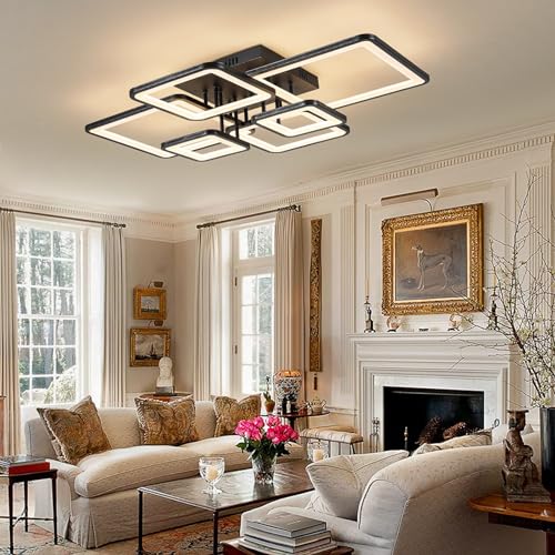 Modern LED Ceiling Light Fixture Black Kitchen Lighting Fixtures Ceiling for Bedroom 31.5" Dimmable 6 Ring Square Ceiling Light for Kitchen with Remote Control for Living Room