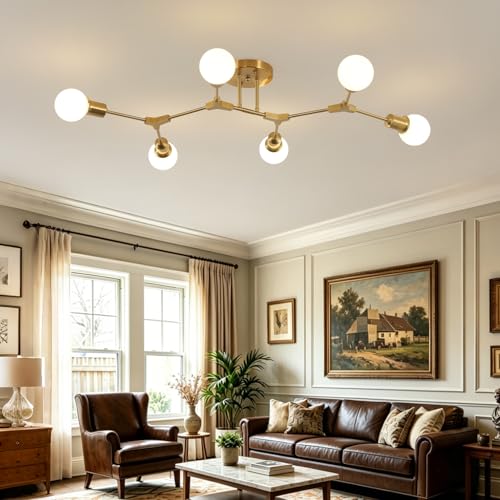 Modern Mid Century Gold Sputnik Semi Flush Mount Ceiling Light Fixture