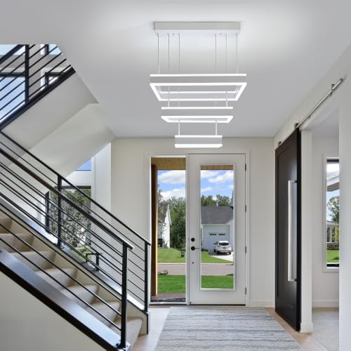 Modern LED Chandeliers White Square Rings Pendant Light Fixture with Hanging Cord Flush Mount Square Modern Chandeliers for Kitchen Island Dining Room