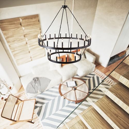 Rustic Farmhouse Black Wagon Wheel Chandelier Large Chandeliers for High Ceilings 2 Tier 36 Lights 48 Inch for Dining Room Living Room Foyer Porch Kitchen Island