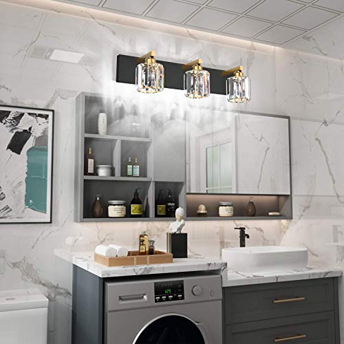Crystal Vanity Light Black Bathroom Vanity Lighting Fixtures 3 Lights Modern Vanity Light for Bathroom