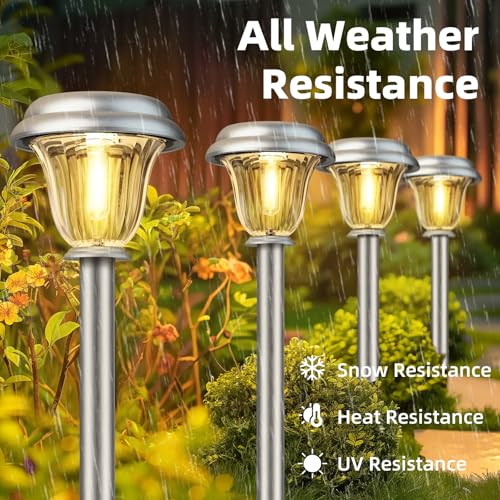 Solar Lights Outdoor Waterproof Stainless Steel Glass Solar Pathway Lights (6 Count)